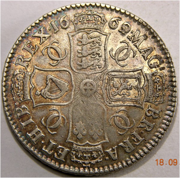 Charles II, 1669/4, Half Crown, Ext rare in grade.