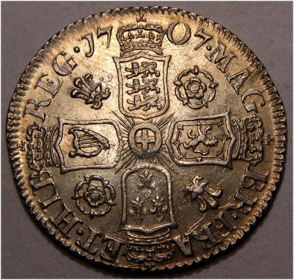 Anne, 1707 Roses and Plumes, Sixpence